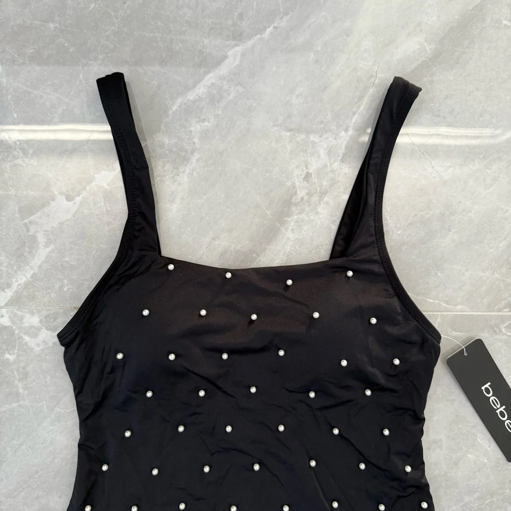 Women’s Bebe Faux Pearl Embellished One Piece Swimsuit Bridesmaid Bachelorette M - Picture 2 of 15